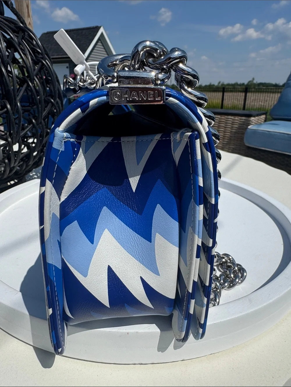 CHANEL Blue & White Chevron Boy Bag with Chain Strap